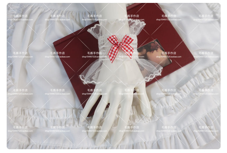 MaoJiang - Kawaii White Lace Bow Wrist Cuffs sleeves maojiang Red Plaid Bow White Elastic Wrist Cuffs (Pair)