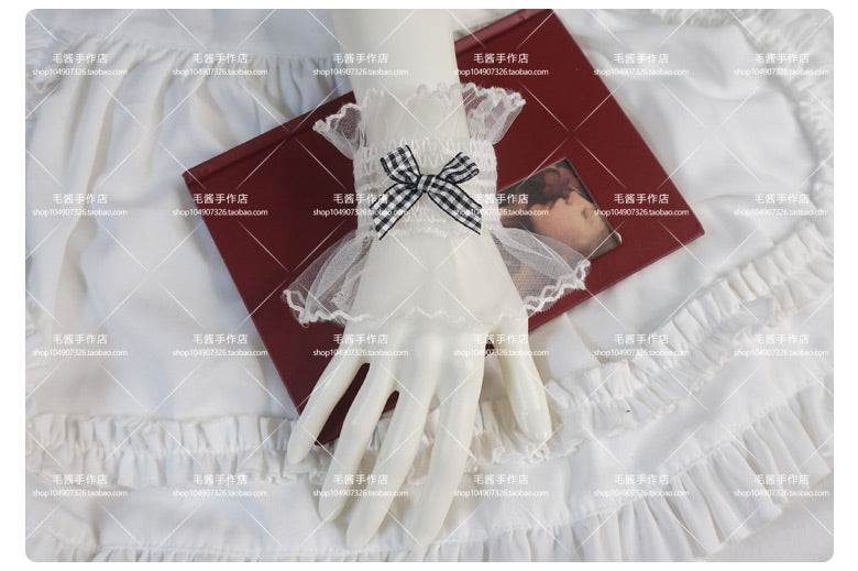 MaoJiang - Kawaii White Lace Bow Wrist Cuffs sleeves maojiang Black Plaid Bow White Elastic Wrist Cuffs (Pair)