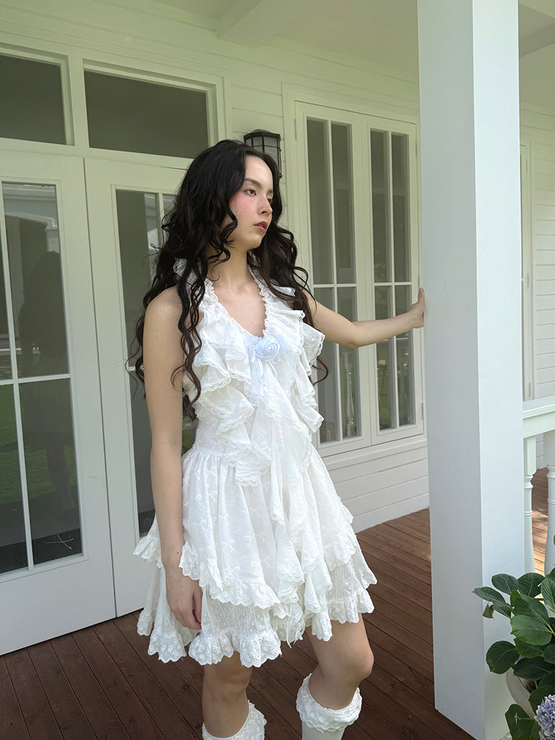 daytoday everyday institute – Fairycore Halter Mini Dress with Lace & Floral Gradient dress daytoday everyday institute