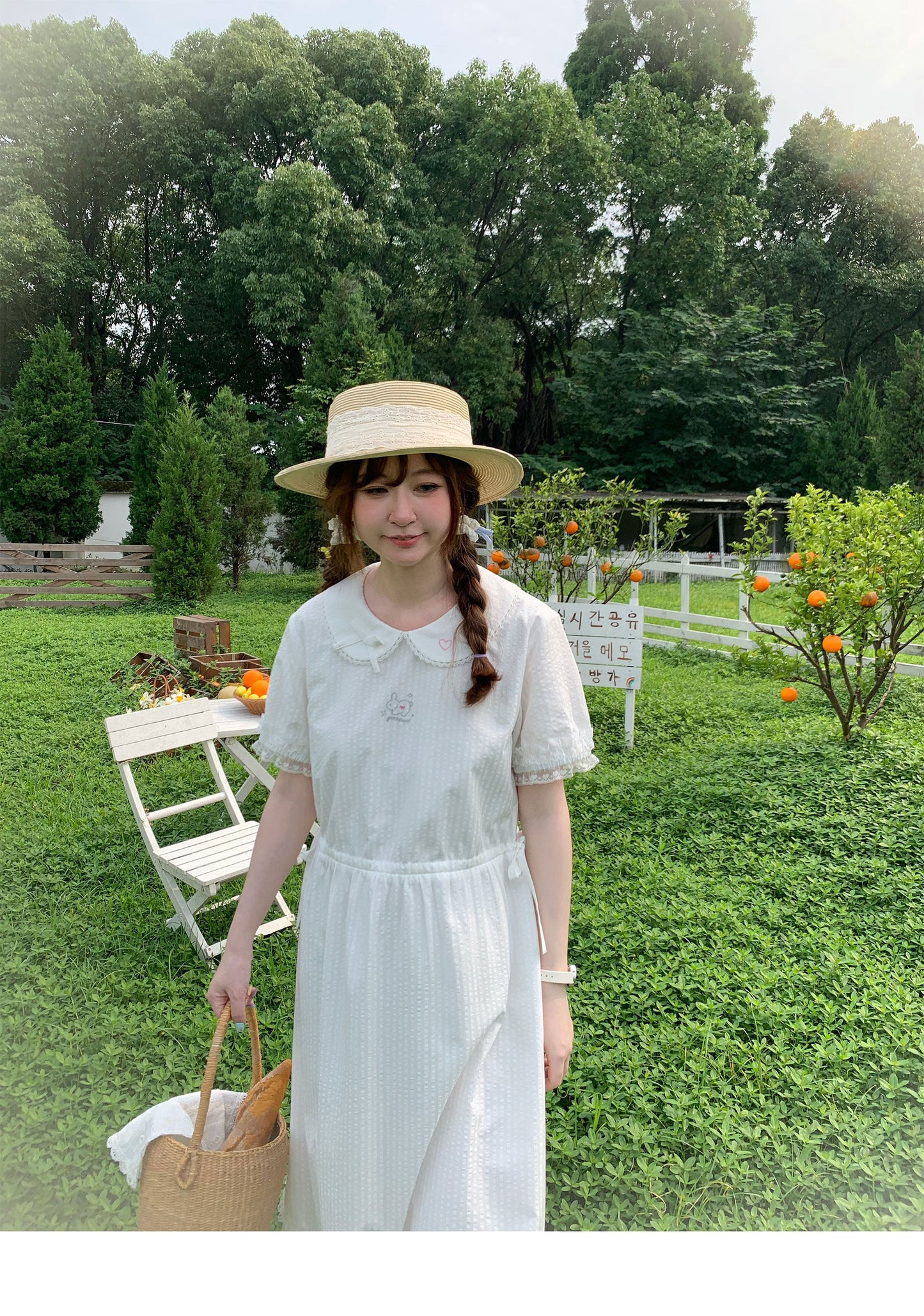 Peach Party - White Rabbit Embroidery Midi Dress