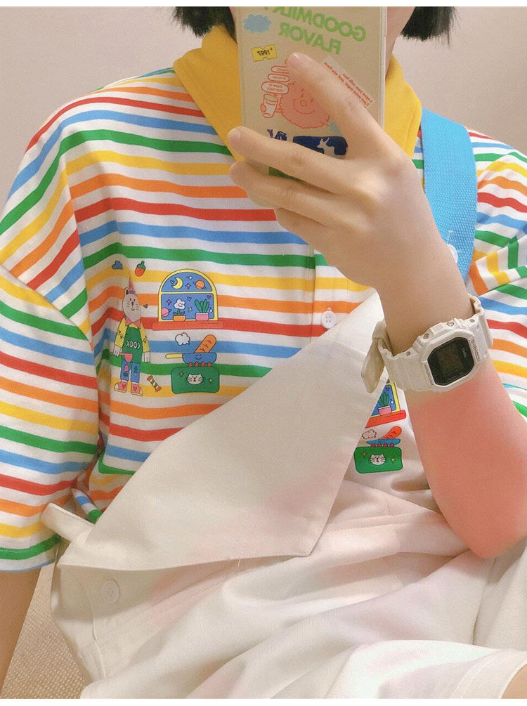KURIOSITAET - Rainbow Stripe Polo Tee shirt KURIOSITAET