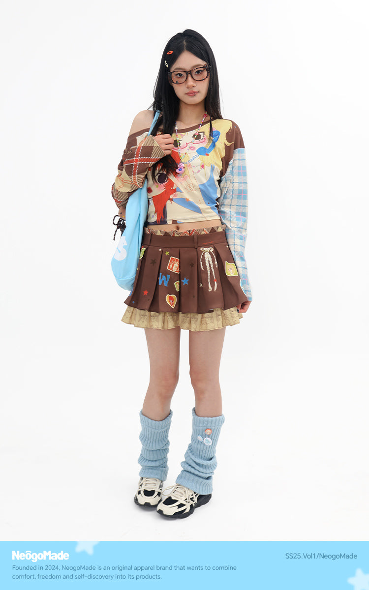 NeogoMade Twin Stars Crop Top | Harajuku Kawaii Off-Shoulder Plaid T-shirt tshirt NeogoMade