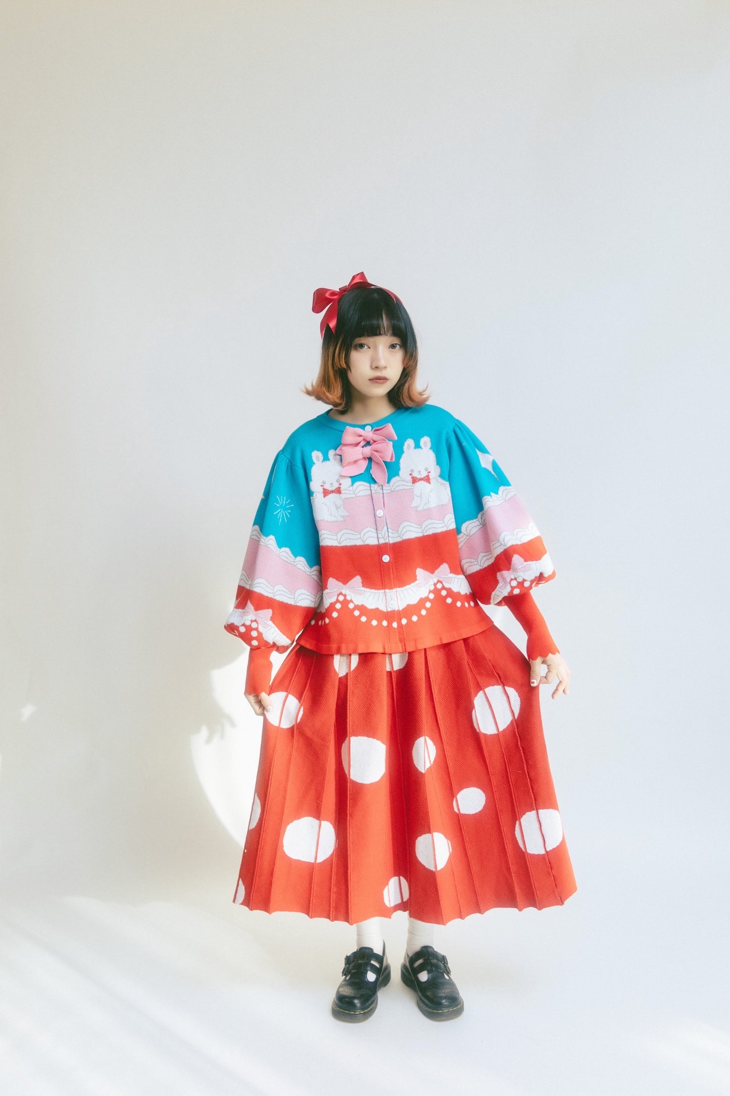 Meugler Bunny Cream Cake Lolita Sweet Bow Short Knitted Cardigan with Leg-of-Mutton Sleeves cardigan Meugler