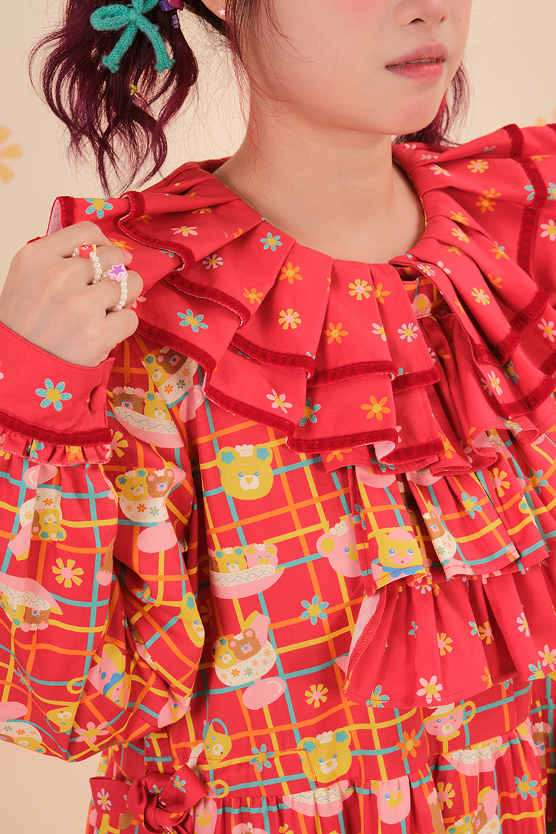 NIKKOU - Red Kawaii Removable Collar Dress dress Nikkou home