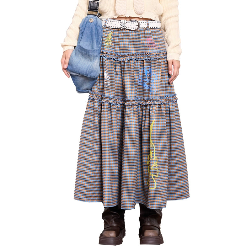 Iscreamcolour Plaid Graffiti Skirt Girly Fashion skirt iscreamcolour blue S