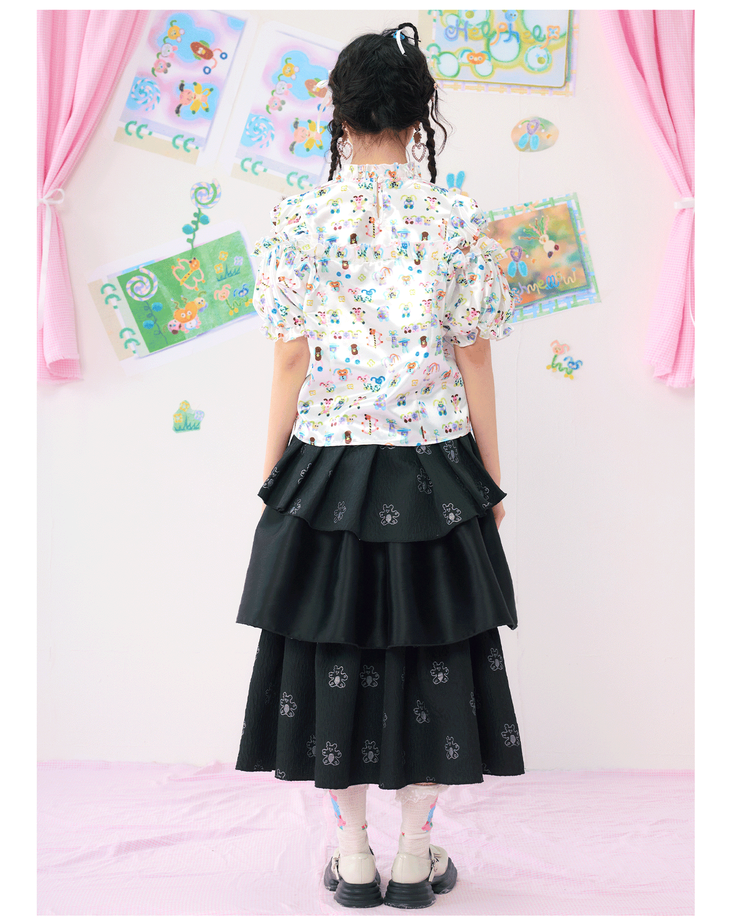 Harajuku Blouse Colorful Blouse Puff Sleeve Blouse Printed Satin Blouse shirt HELPHELP