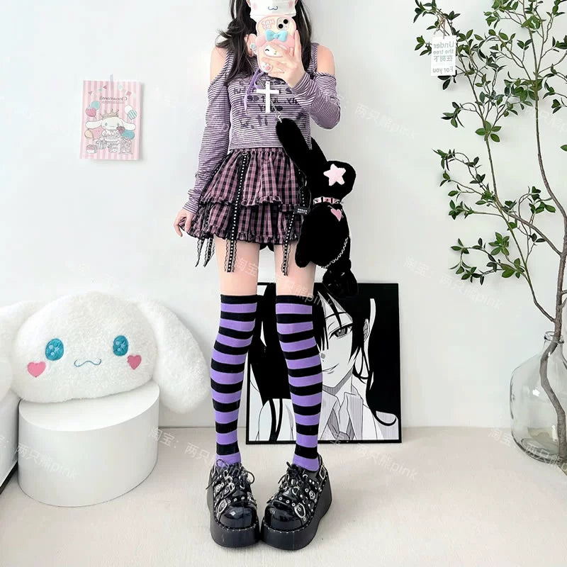 Colorful Stripes Socks Colorful Overknee Socks Punk JK Socks sock 2 bears Purple Black