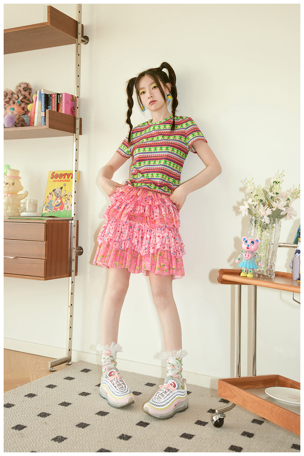 Harajuku Skirt Pink Skirt Tiered Skirt Floral Skirt Teddy Bear Embroidery Skirt skirt tntntutu