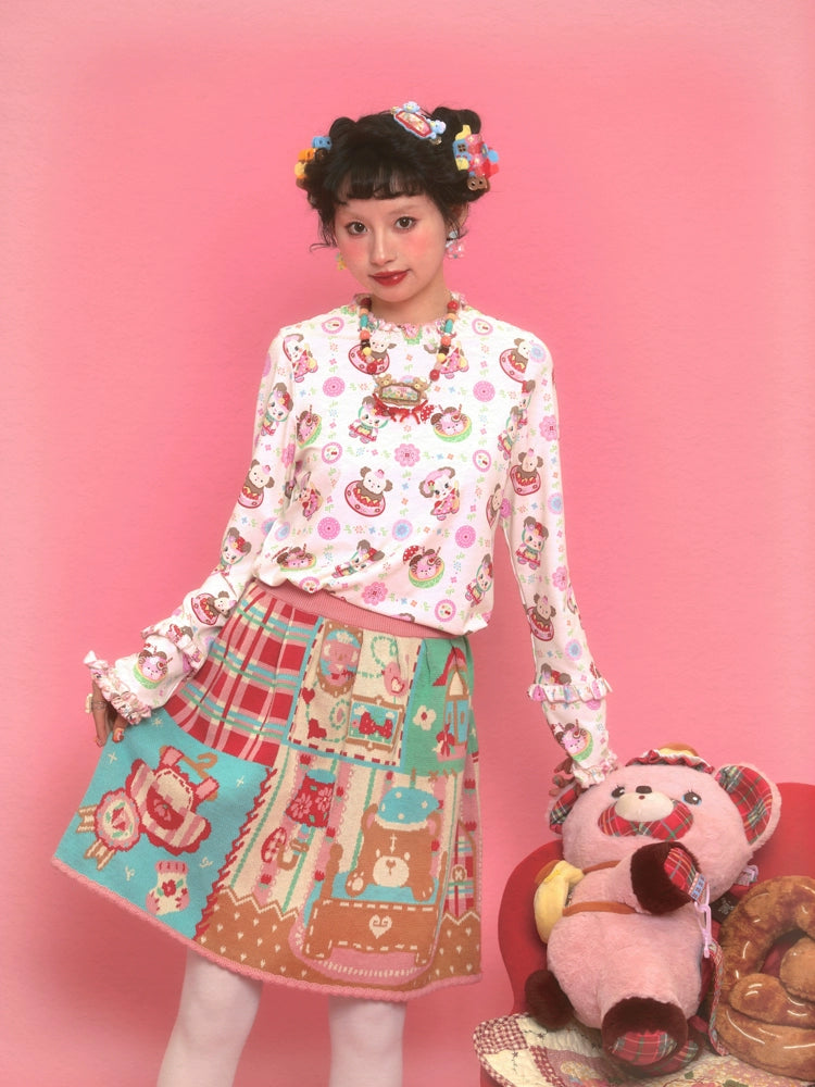 Harajuku Skirt Vintage Bear Reversible Knit Skirt Shell Lace Trim Skirt skirt Lutra Jump