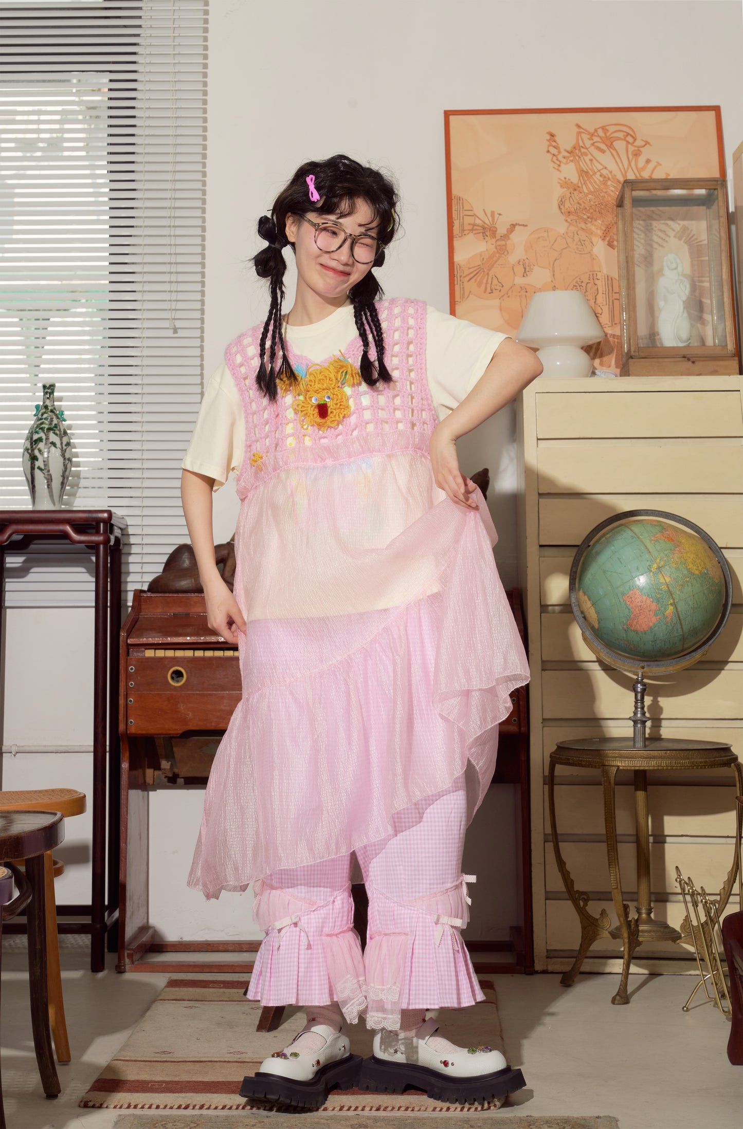 Harajuku Dress Handmade Hollow Knit Dress Toy Patchwork Mesh Dress Layered Dress dress HELPHELP