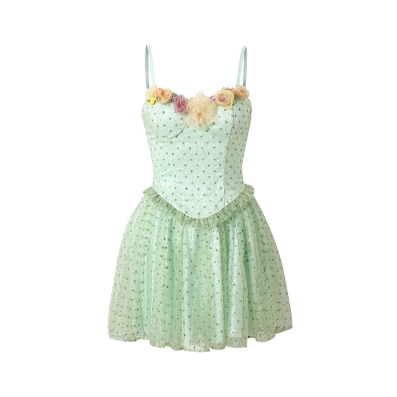 GirlyVibes Dress Mint Green Dress Polka Dot Dress Mesh Floral Dress dress YZZI HE