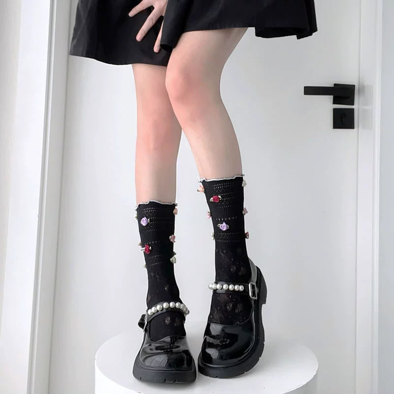 2 Bears Candy Color Socks | Rose Flower Socks | Lace Hollow Ruched Socks sock 2 bears Black