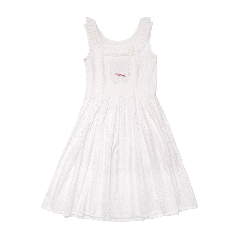 Meugler Vintage Embroidered Antiques Store Print White Sleeveless Dress with Lattice Design dress Meugler