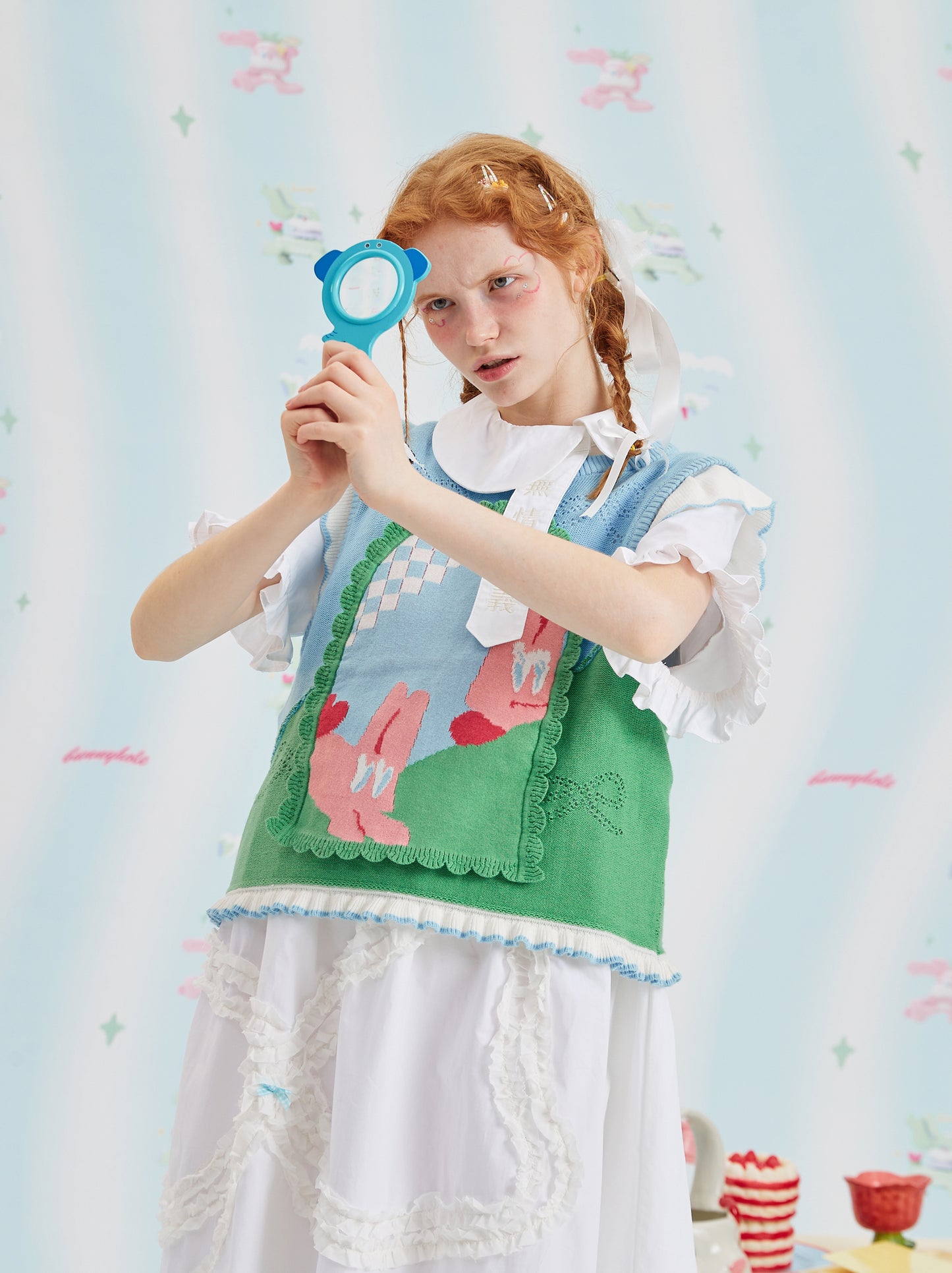 Harajuku Vest Floral Jacquard Turned-Edge Cute Green Knit Vest vest HELPHELP