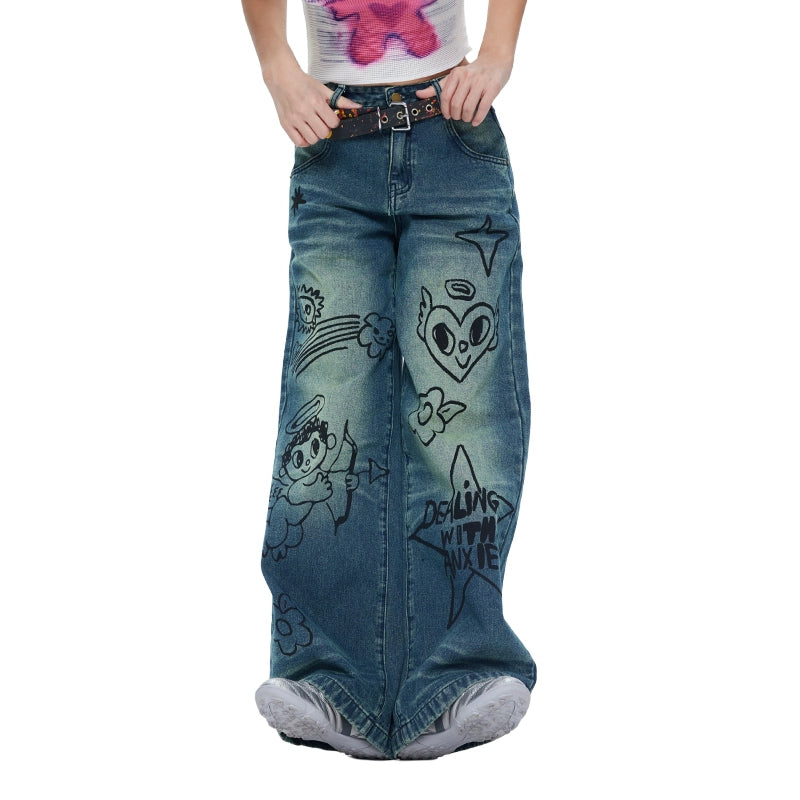 Iscreamcolour Printed Loose Jeans Girly Fashion pants iscreamcolour