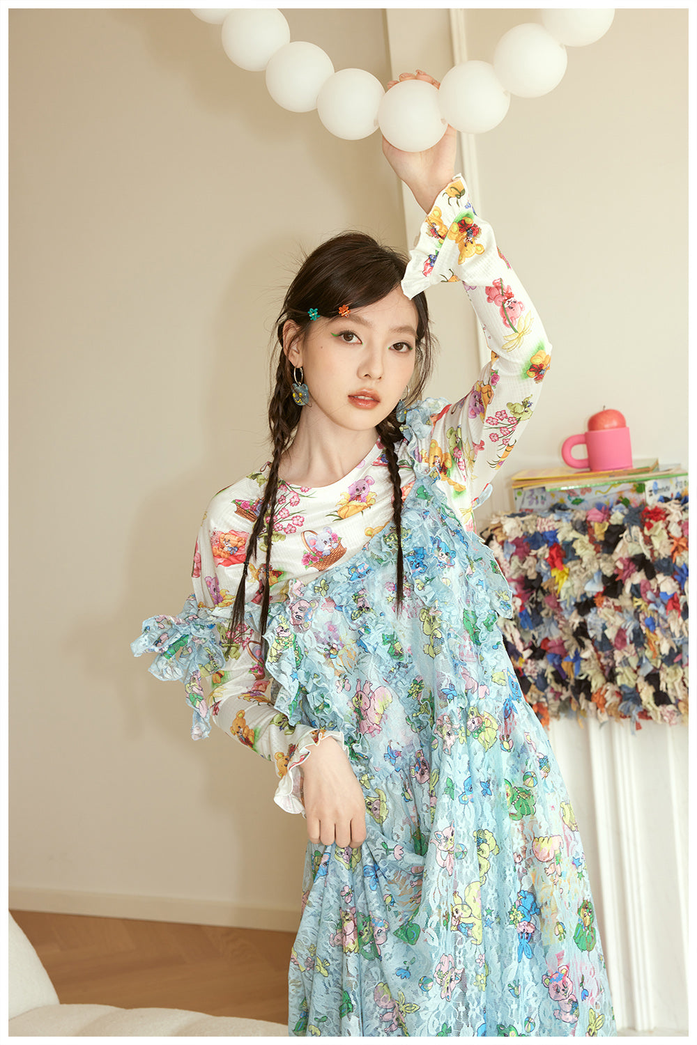 Harajuku Dress Blue Dress Lace Overlay Dress Cute Animal Prints Dress Adjustable Tie Straps Dress dress tntntutu