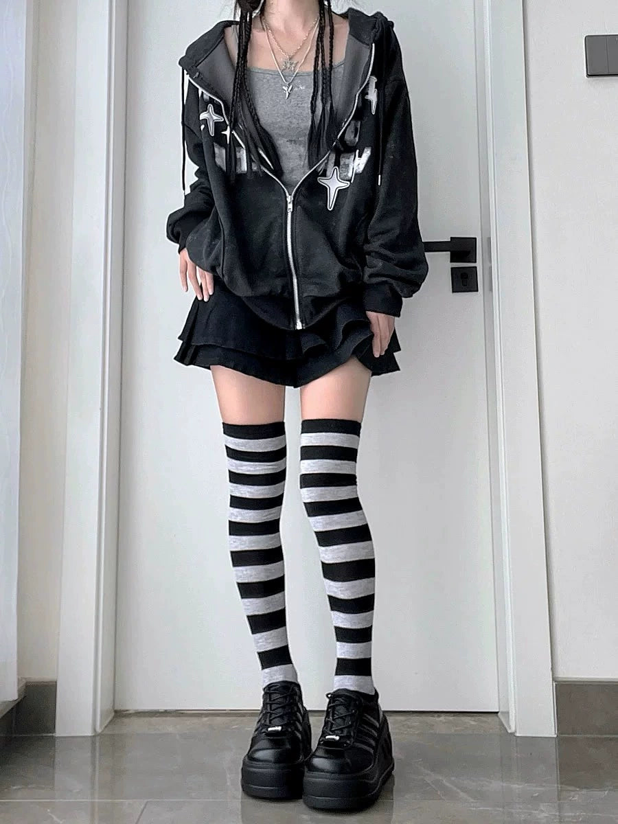 Colorful Stripes Socks Colorful Overknee Socks Punk JK Socks sock 2 bears Black Grey