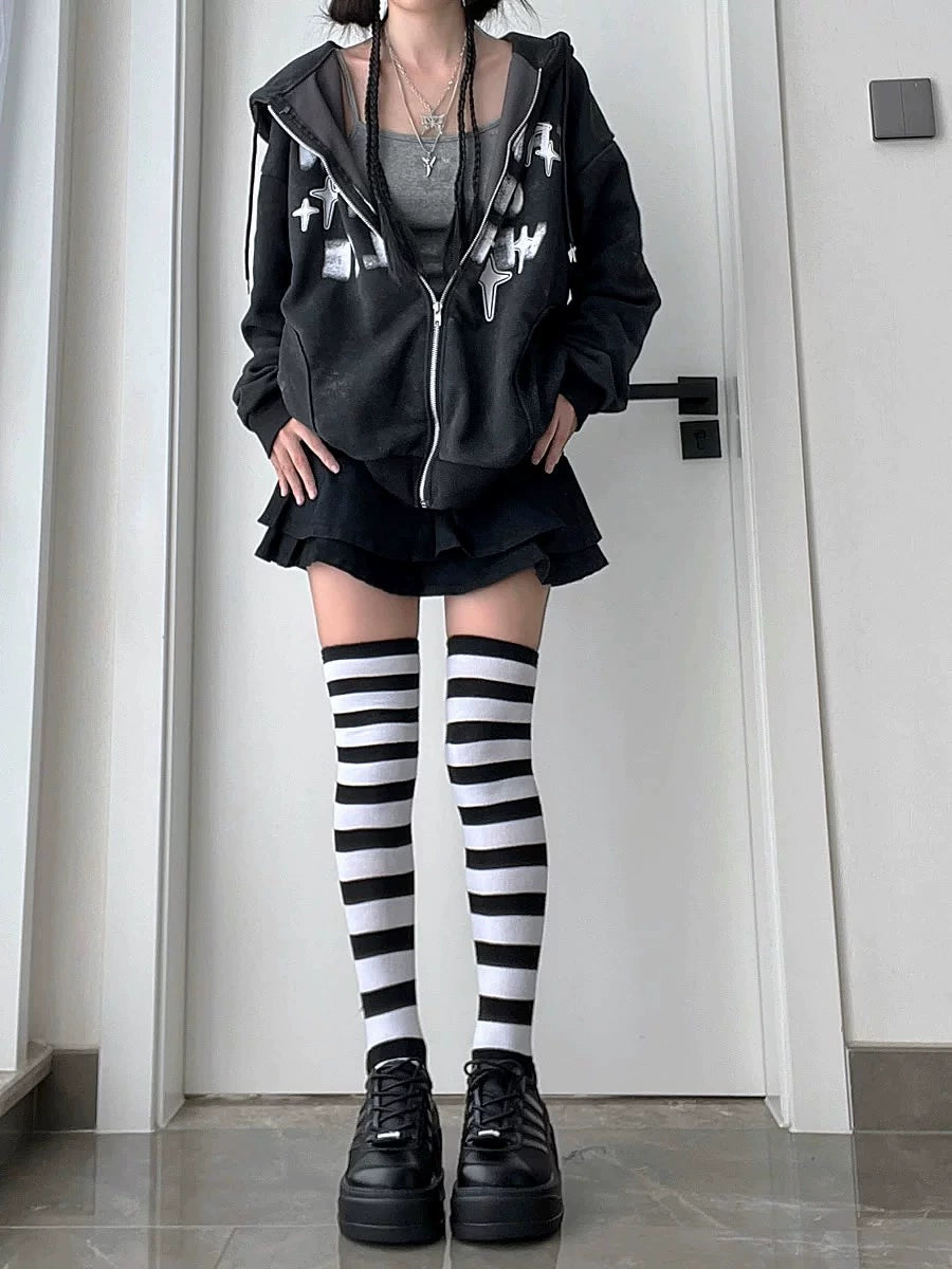 Colorful Stripes Socks Colorful Overknee Socks Punk JK Socks sock 2 bears White Black