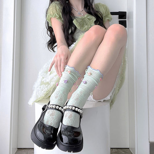2 Bears Candy Color Socks | Rose Flower Socks | Lace Hollow Ruched Socks sock 2 bears
