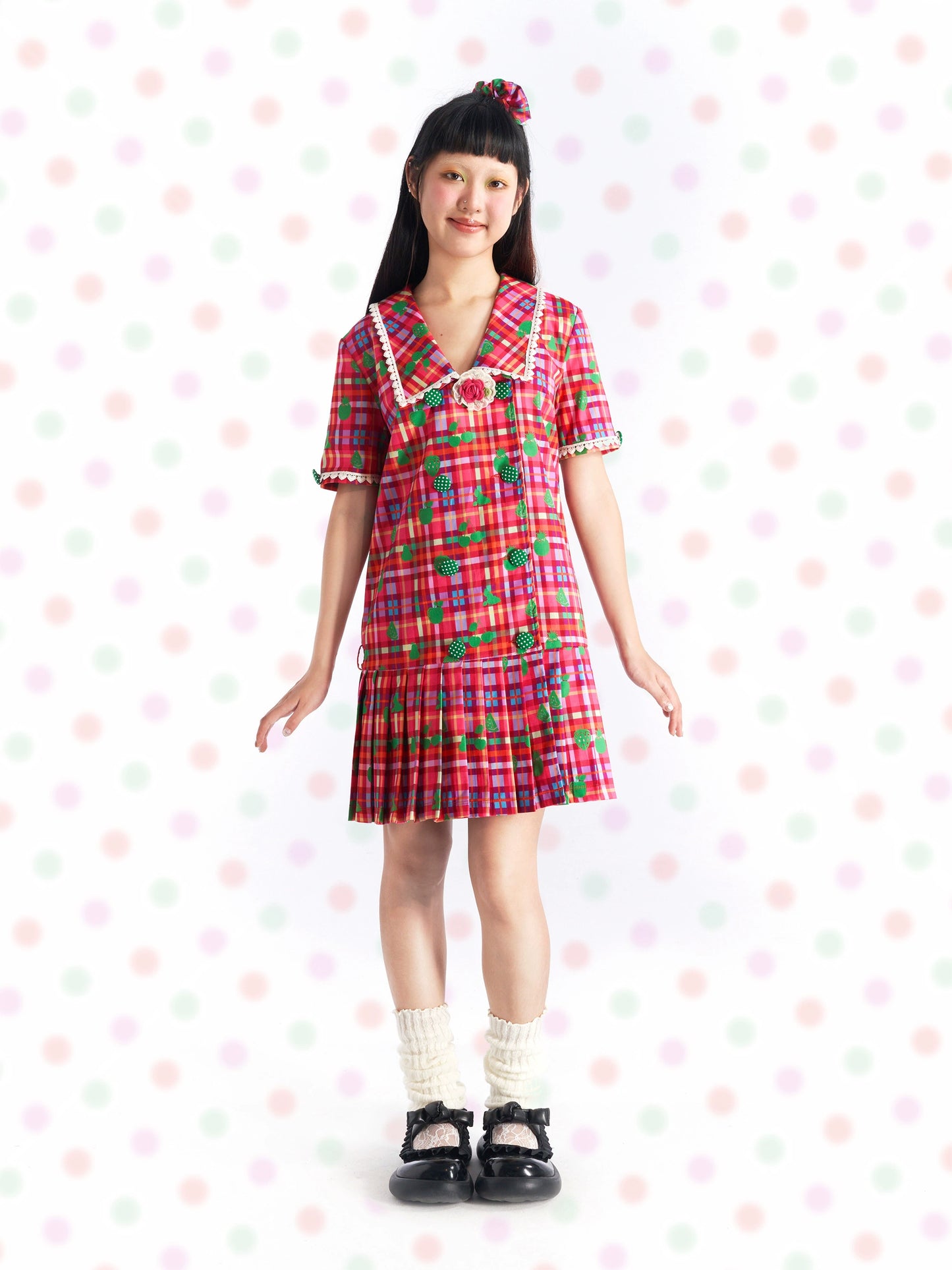Harajuku Dress Red Pleated Dress Summer Wear Dress dress Fruits