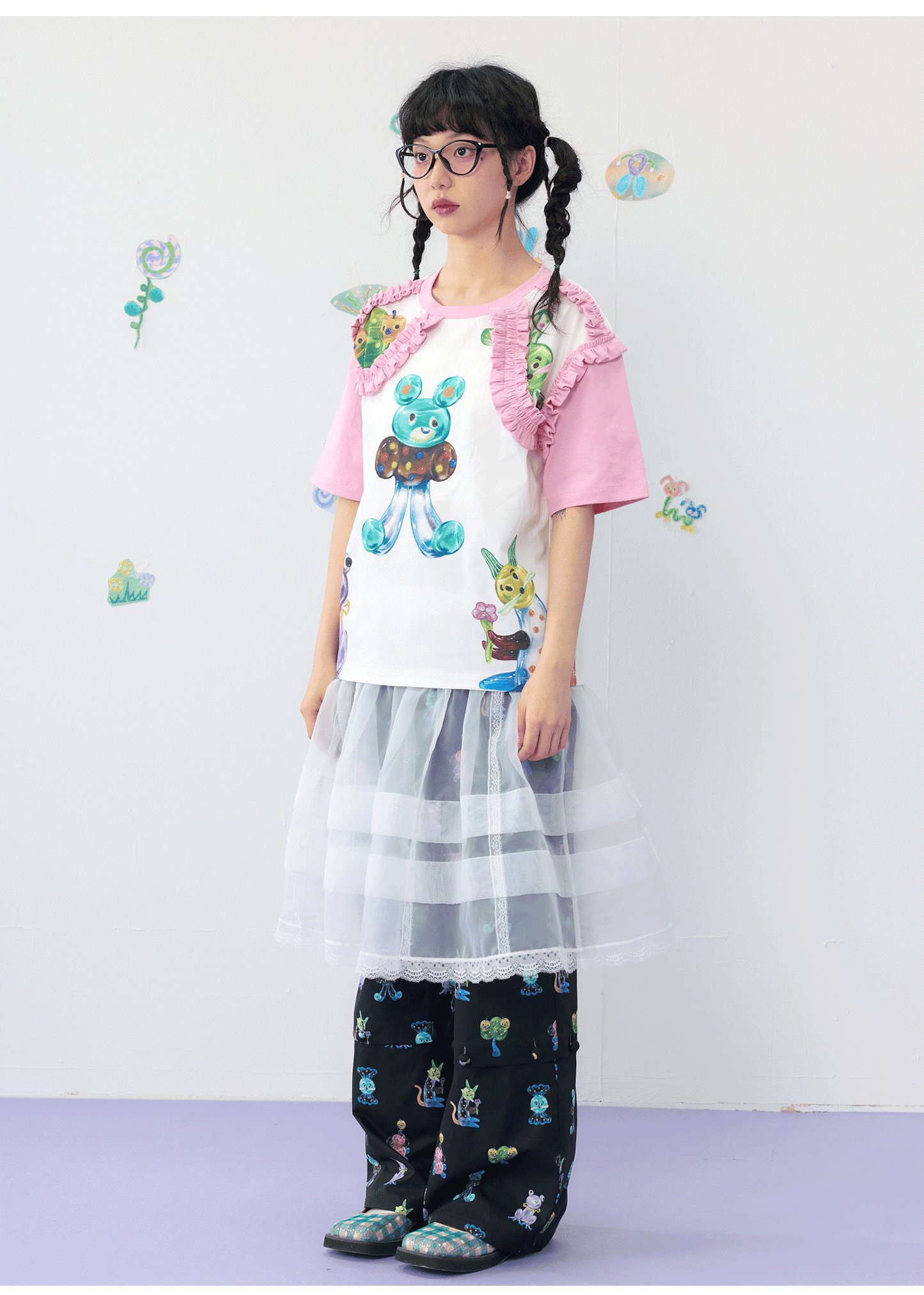 Harajuku T-Shirt Pink White T-Shirt Candy Print T-Shirt Ruffle Trim T-Shirt shirt HELPHELP