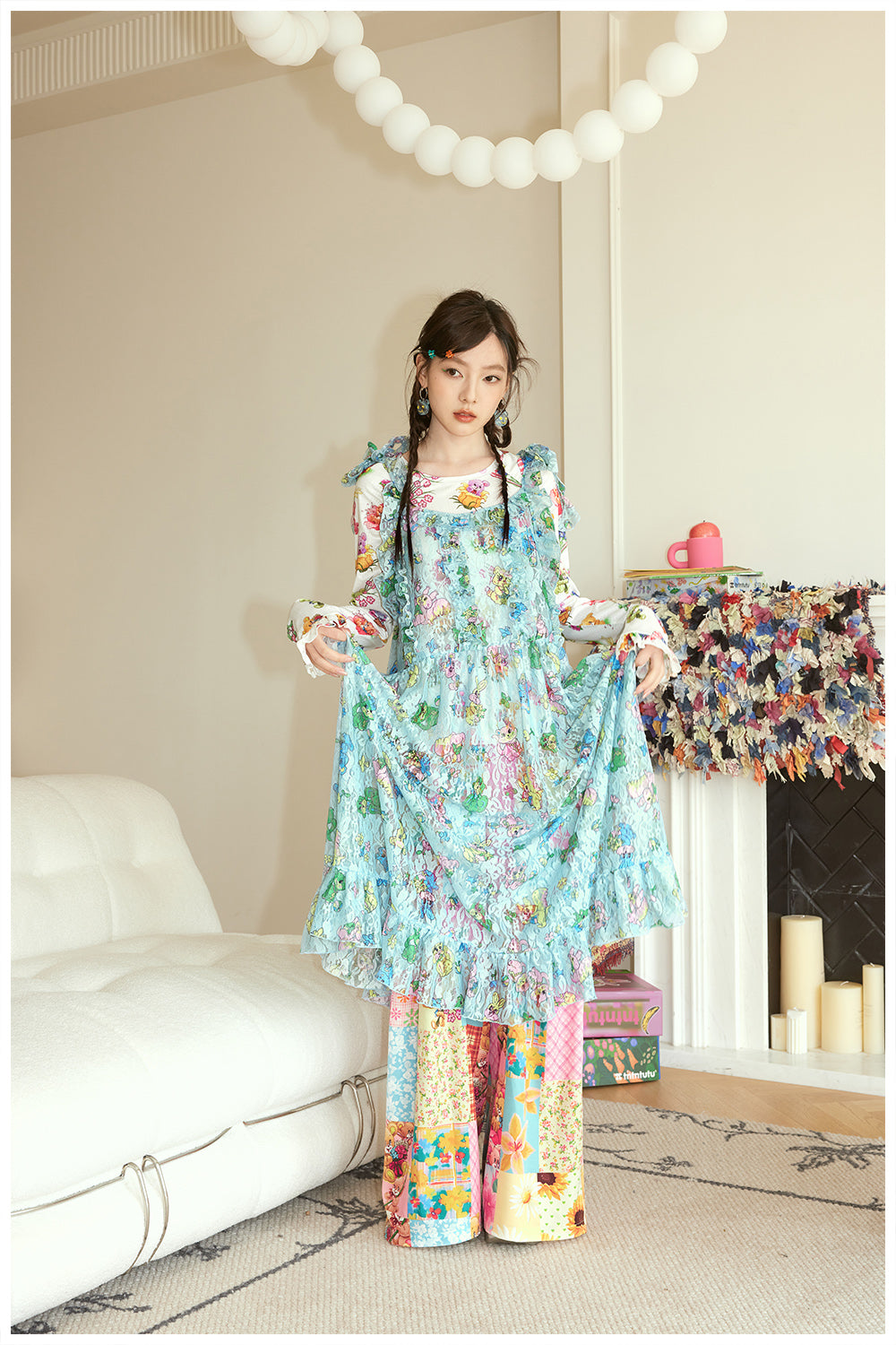 Harajuku Dress Blue Dress Lace Overlay Dress Cute Animal Prints Dress Adjustable Tie Straps Dress dress tntntutu