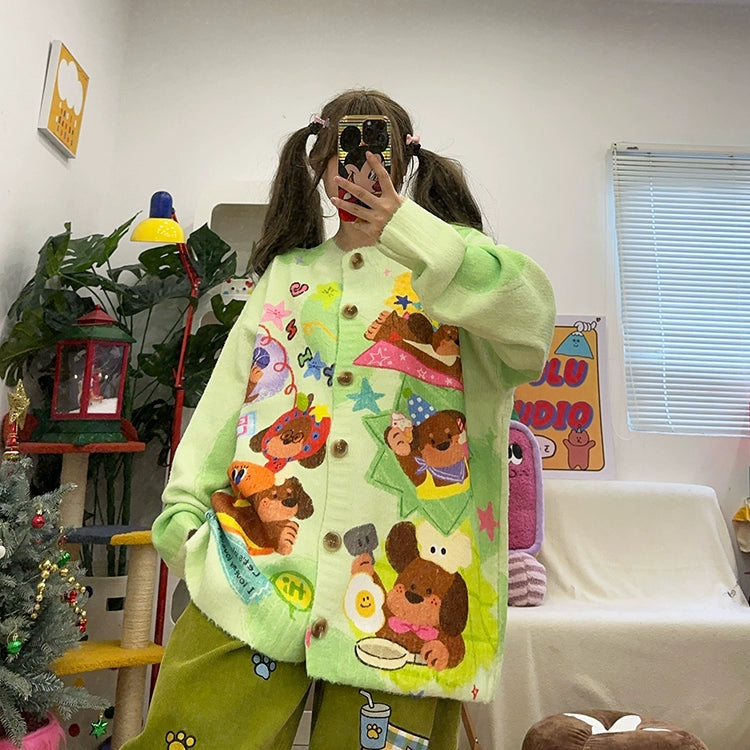 Kidcore Cardigan – Retro Puppy Print Cozy sweater BIBULU