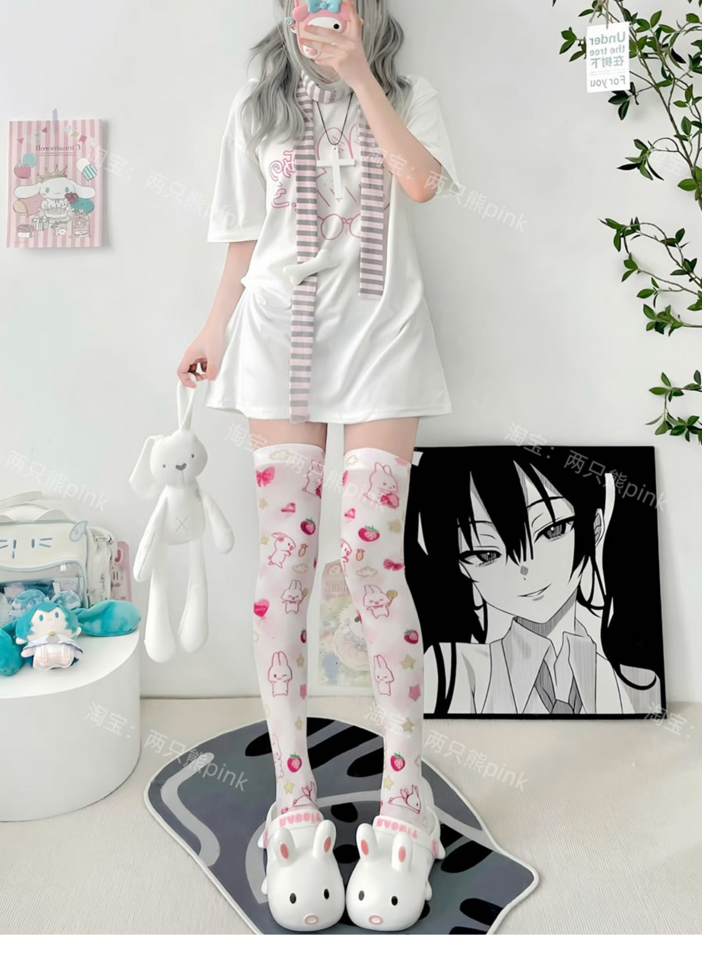 2 Bears Over-the-Knee Socks | Velvet Thigh-High Socks | Cute Print Socks sock 2 bears Strawberry Bunny