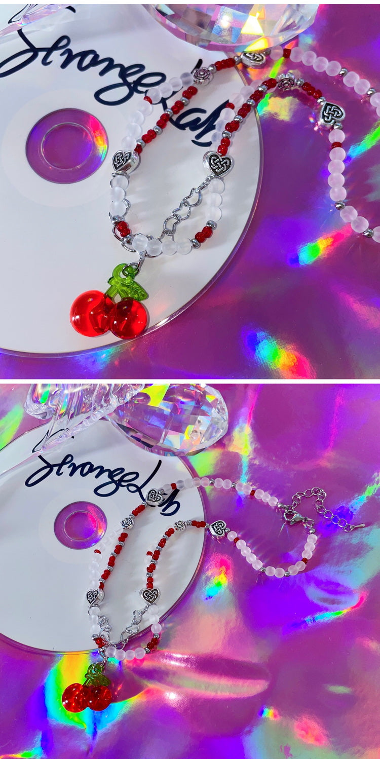 Strangelab Sweet Girl Magic Glass Bead Cherry Necklace | Y2K Handmade Woven Choker necklace strangelab