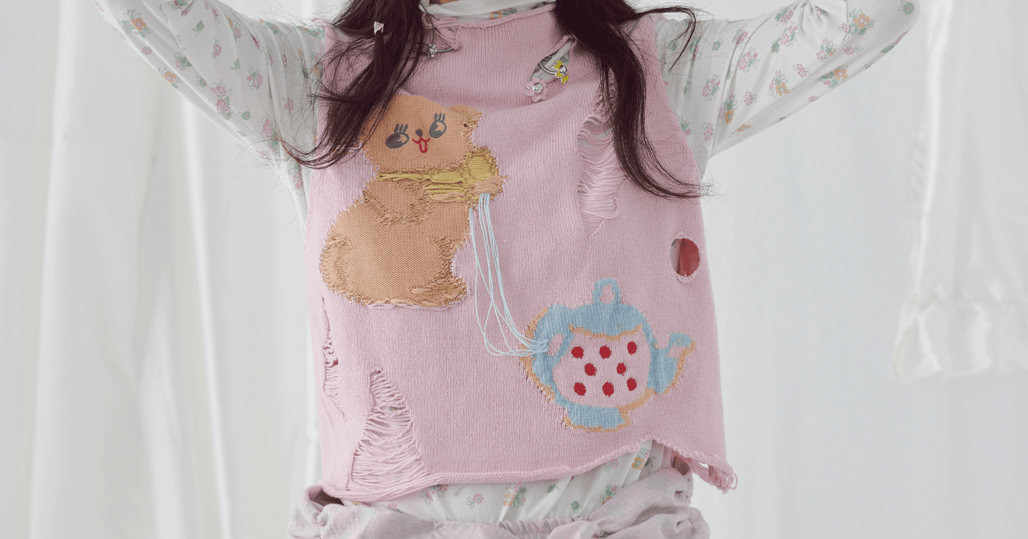 Harajuku Vest Cute Dog Vest Teapot Embroidered Vest Ripped Knit Vest vest HELPHELP