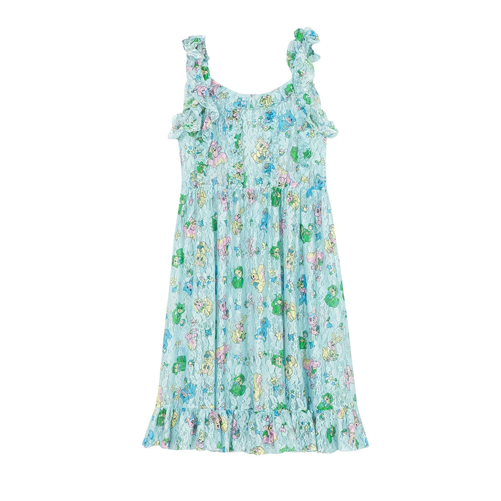 Harajuku Dress Blue Dress Lace Overlay Dress Cute Animal Prints Dress Adjustable Tie Straps Dress dress tntntutu