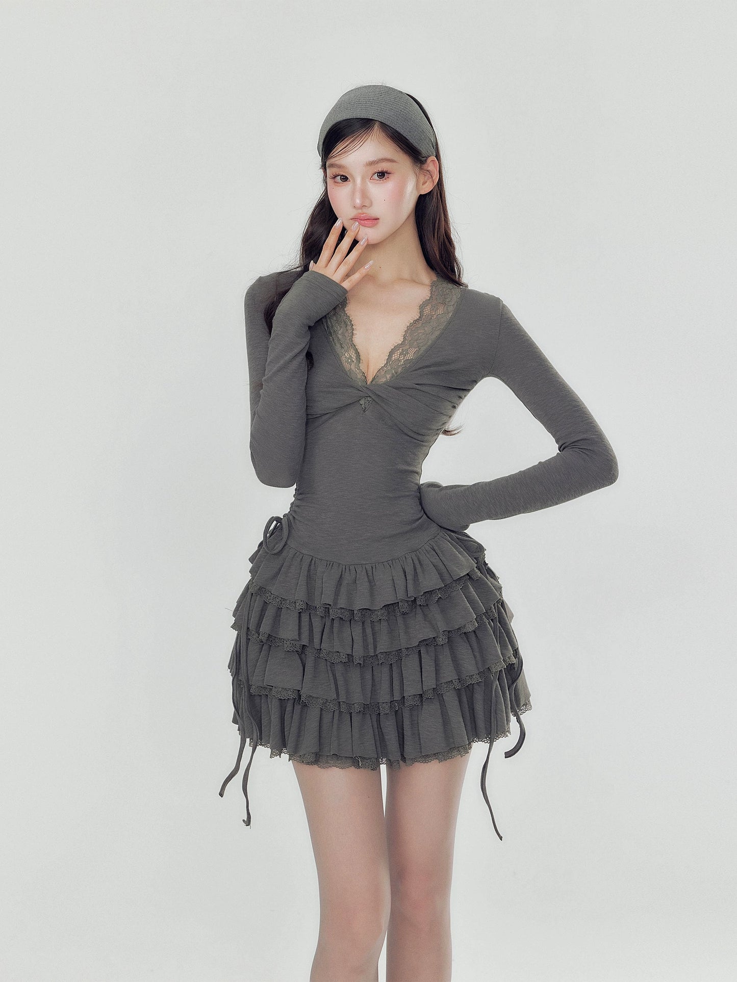 GirlyVibes Dress Pink Blue Grey Dress V-neck Dress Long Sleeve Dress dress YZZI HE