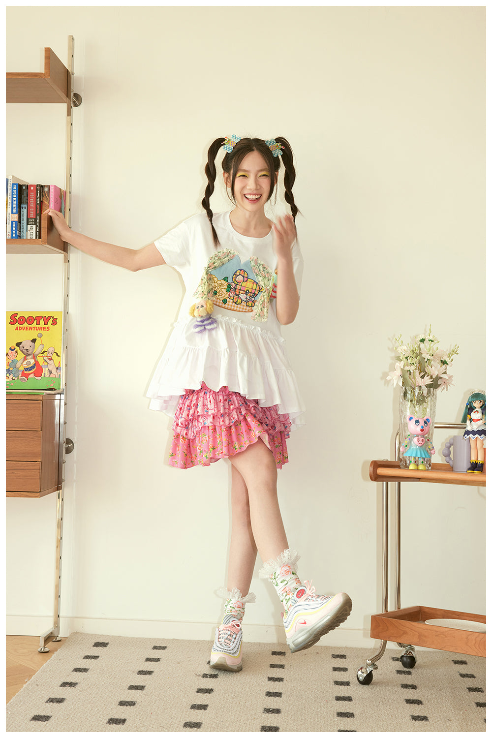 Harajuku Skirt Pink Skirt Tiered Skirt Floral Skirt Teddy Bear Embroidery Skirt skirt tntntutu