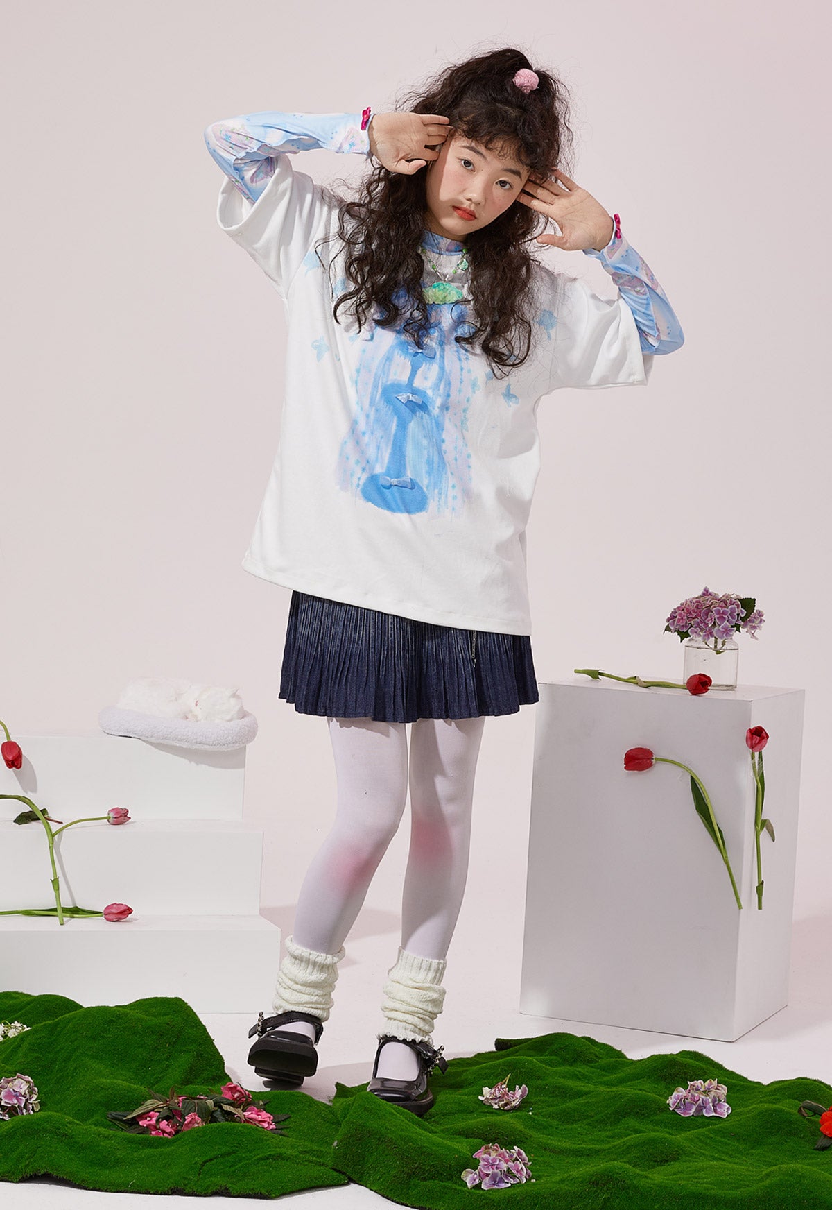 Harajuku T-Shirt White Blue T-Shirt Cotton Knit Loose Casual T-Shirt tshirt Moon Meadow