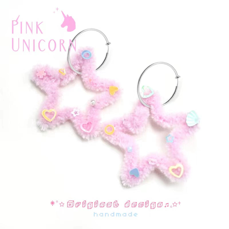 Pink Unicorn Decora Star Plush Earrings earrings pink unicorn