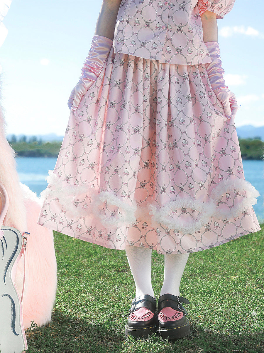 Meugler Dog Show Pink Pearl Puppy Print Wavy Mesh Lace Skirt SKIRT Meugler