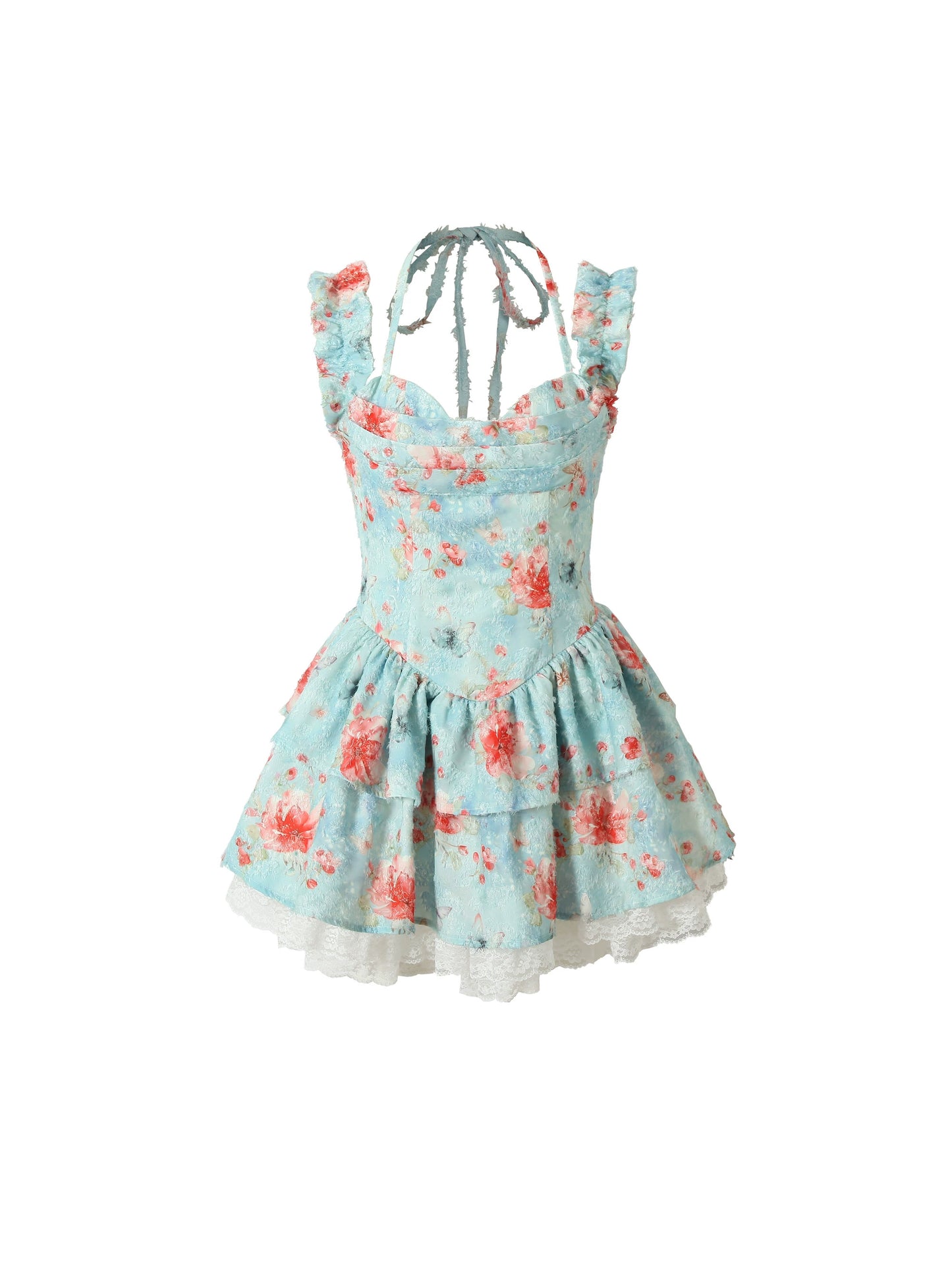 GirlyVibes Dress Blue Dress Halter Neck Dress Floral Babydoll Dress dress YZZI HE