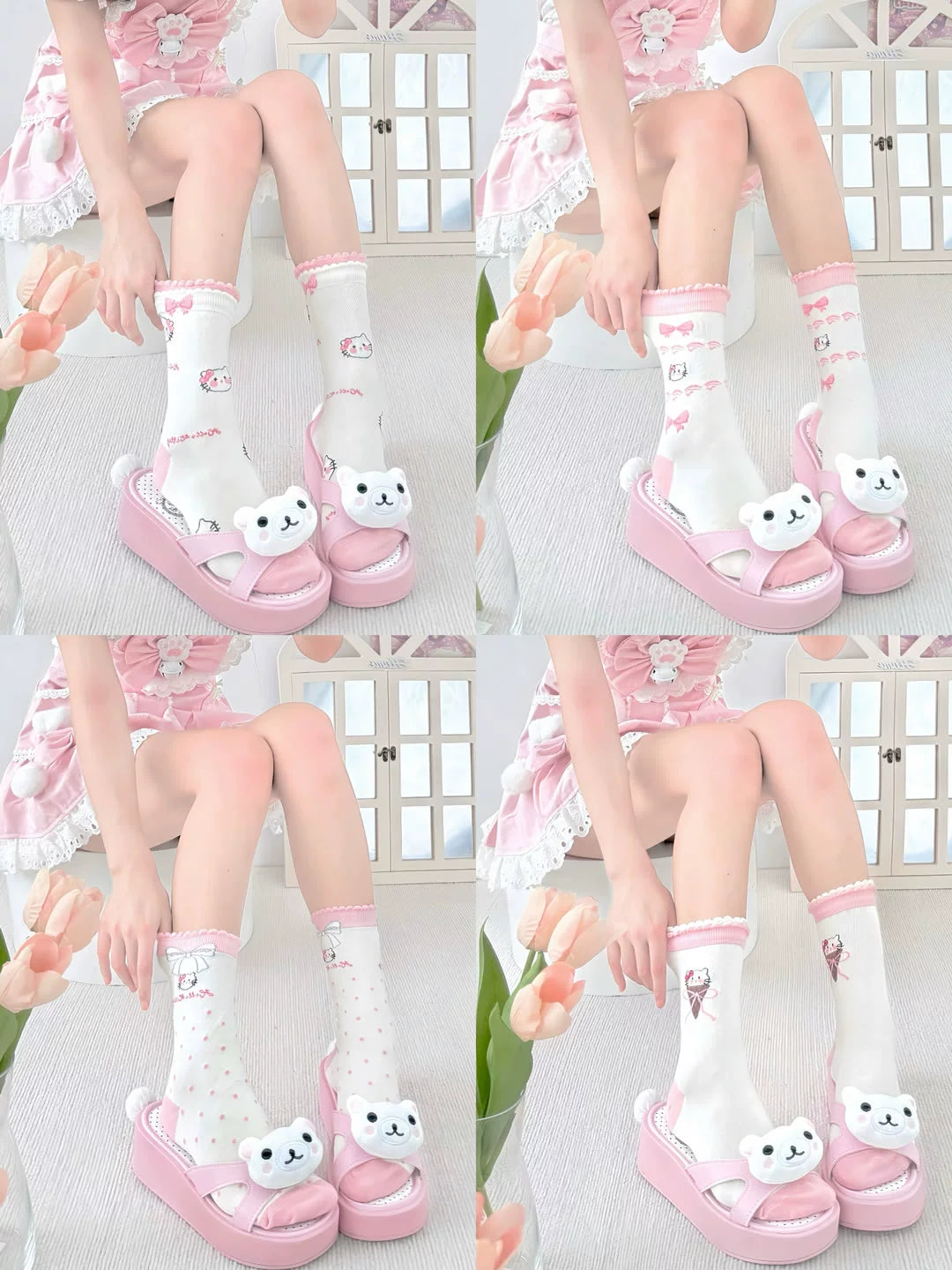 2 Bears - Kawaii Socks Pink Bow Sweet Lolita Print Mid Calf sock 2 bears