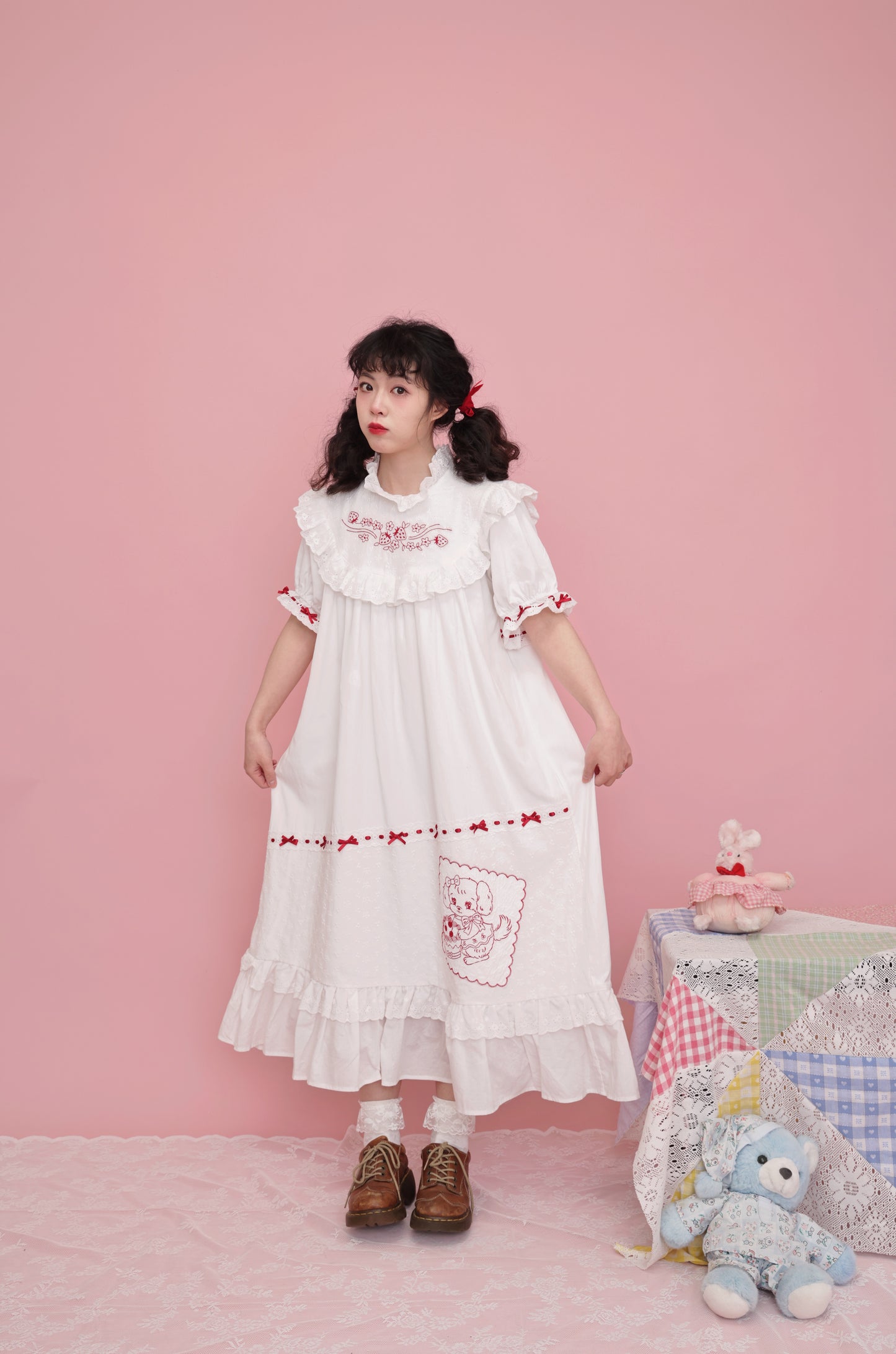 SemenCoicis Dress Antique Strawberry Ribbon Dress Doll Embroidered Bow Lace Dress dress SemenCoicis