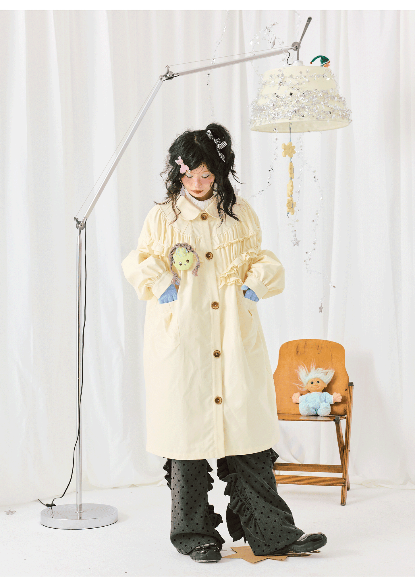 Harajuku Trench Coat Yellow Pleated Peter Pan Collar Trench Coat Long Loose Sleeve Trench Coat coat HELPHELP