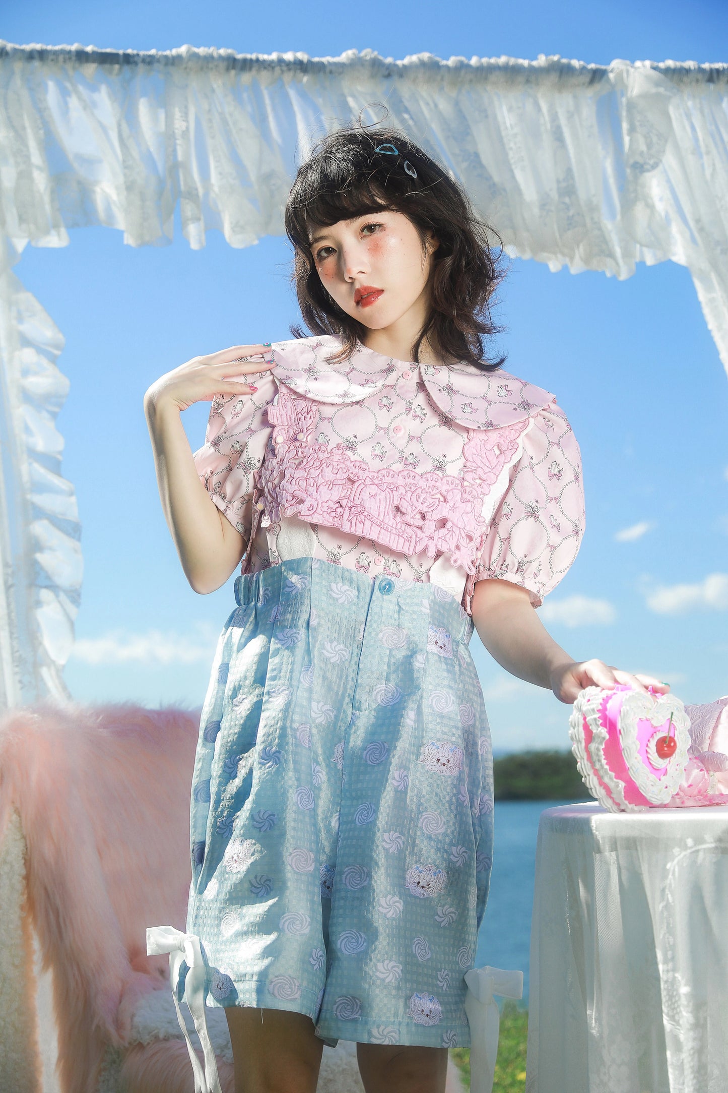 Meugler Decora Kei Shirt Pink Pearl Shirt Puff Sleeves Shirt shirt Meugler