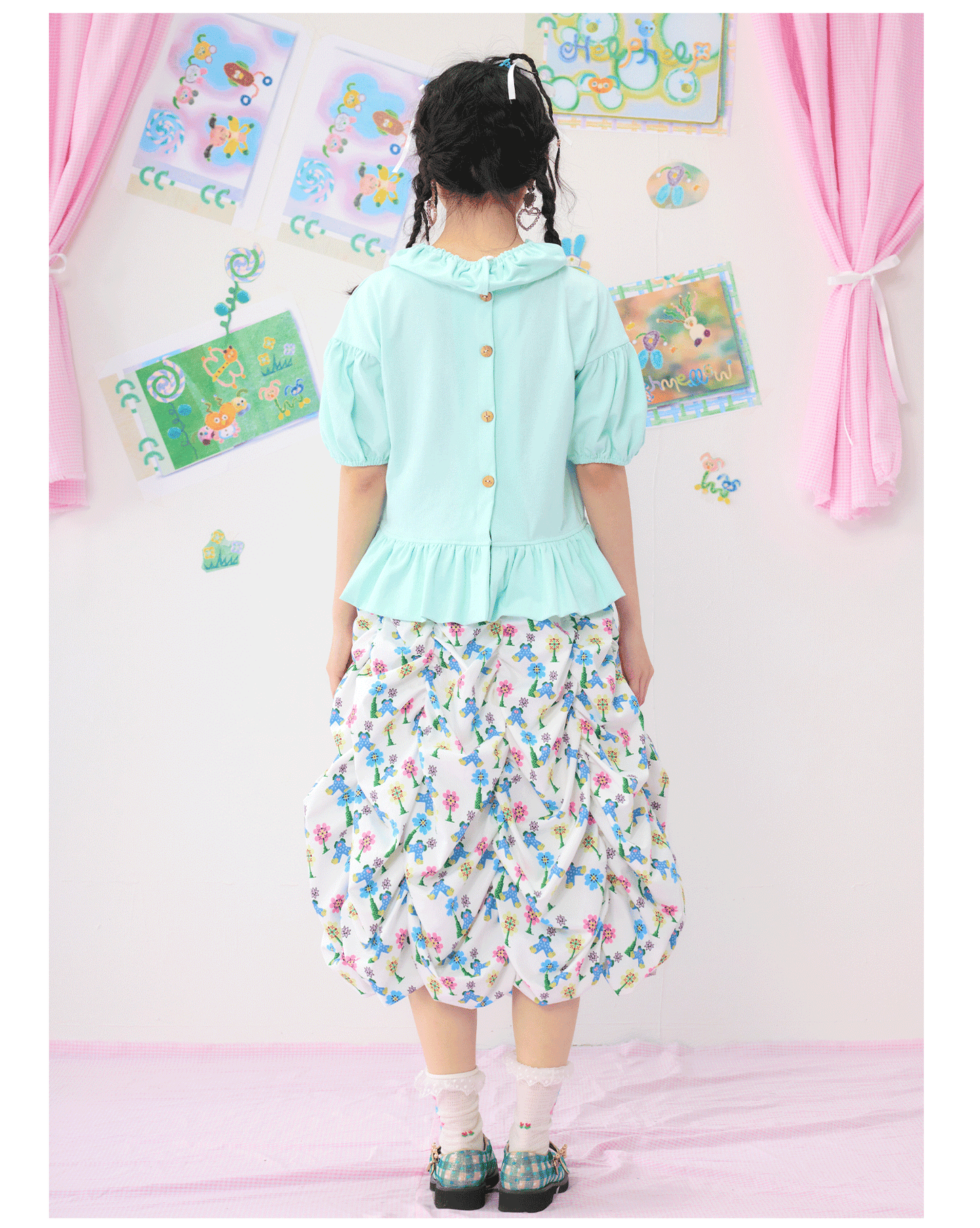 Harajuku Skirt Blue Floral Skirt Ruffled Skirt Layered Puff Skirt skirt HELPHELP
