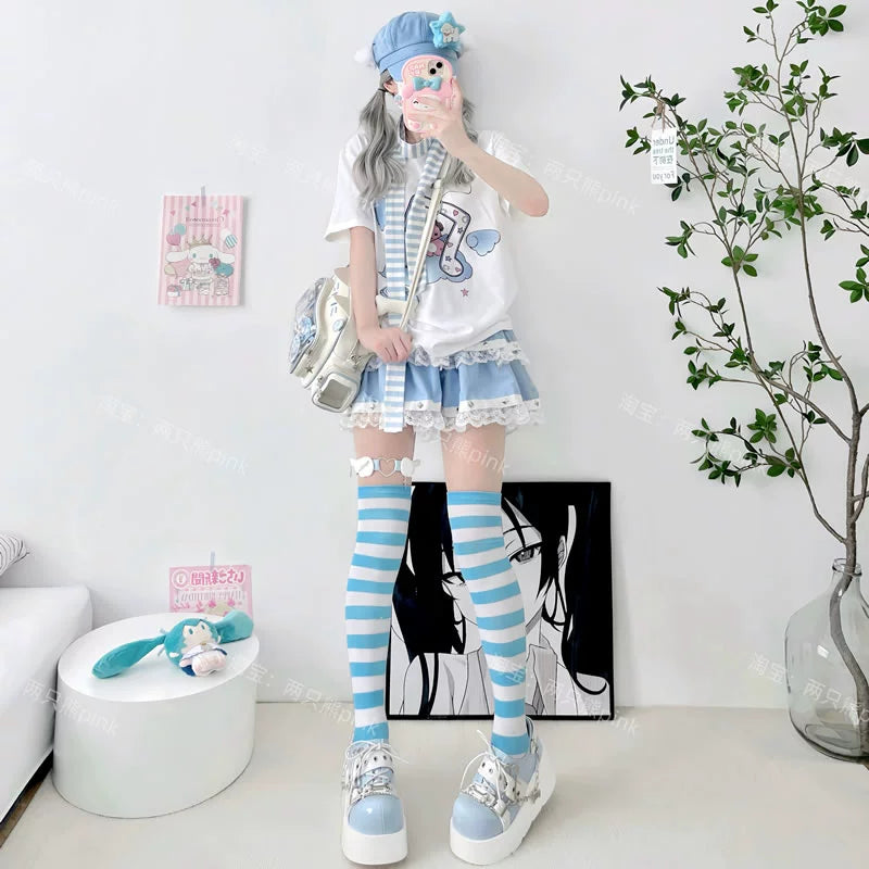 Colorful Stripes Socks Colorful Overknee Socks Punk JK Socks sock 2 bears Blue White