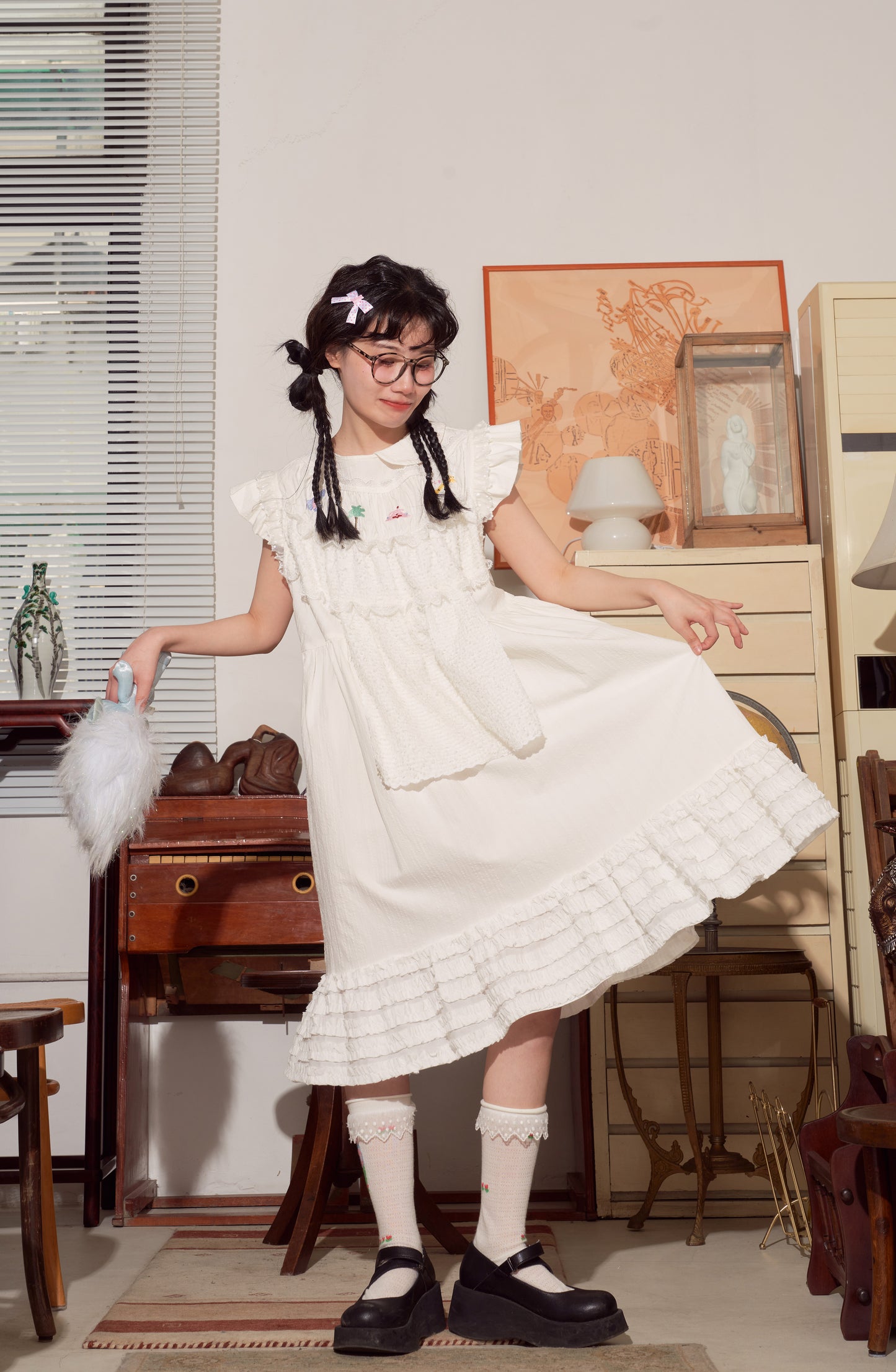 Harajuku Dress Electric Magic Embroidered Dress White Versatile Dress dress HELPHELP