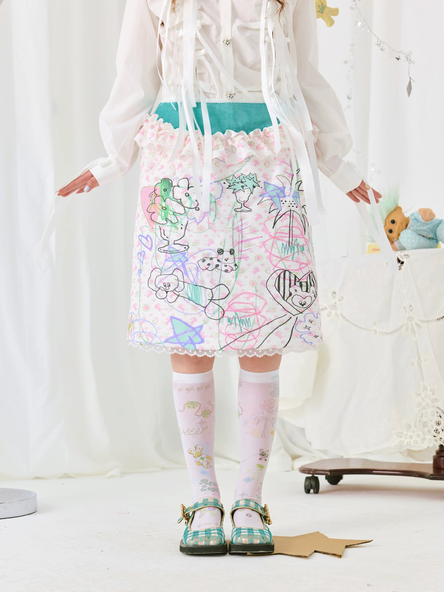 Harajuku Skirt Diamond Quilted Colored Print Stretch Mesh Patchwork Two-Tone Skirt skirt HELPHELP graffiti S