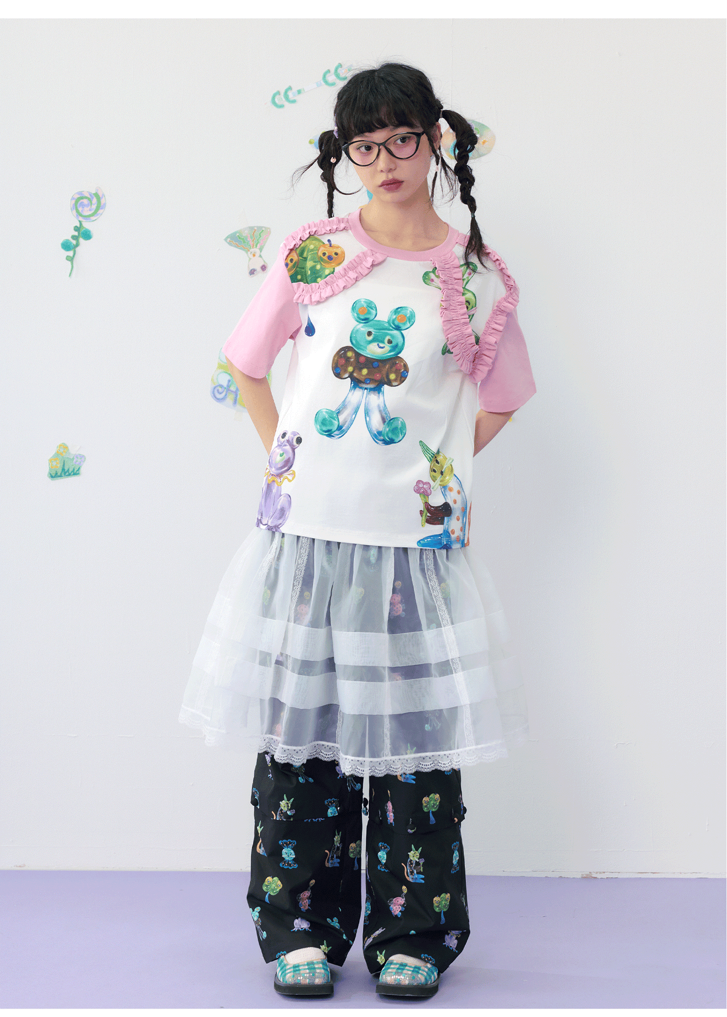 Harajuku T-Shirt Pink White T-Shirt Candy Print T-Shirt Ruffle Trim T-Shirt shirt HELPHELP
