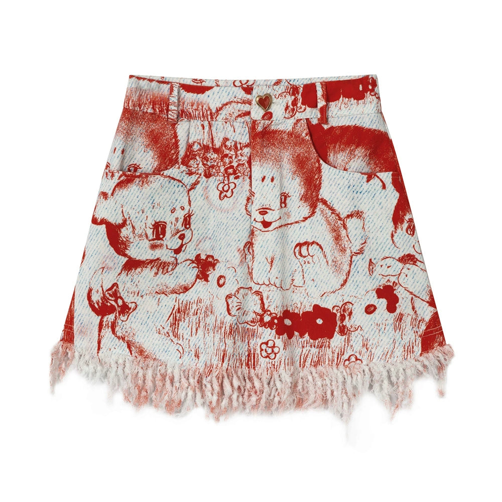 Harajuku Skirt Printed Skirt Faux Denim Skirt Tassel Skirt Summer Mini Skirt skirt tntntutu Red S
