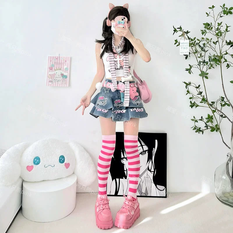 Colorful Stripes Socks Colorful Overknee Socks Punk JK Socks sock 2 bears Rose Red