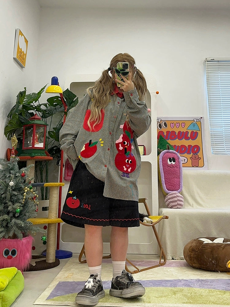 Kidcore Shirt – Apple Embroidery Playful shirt BIBULU