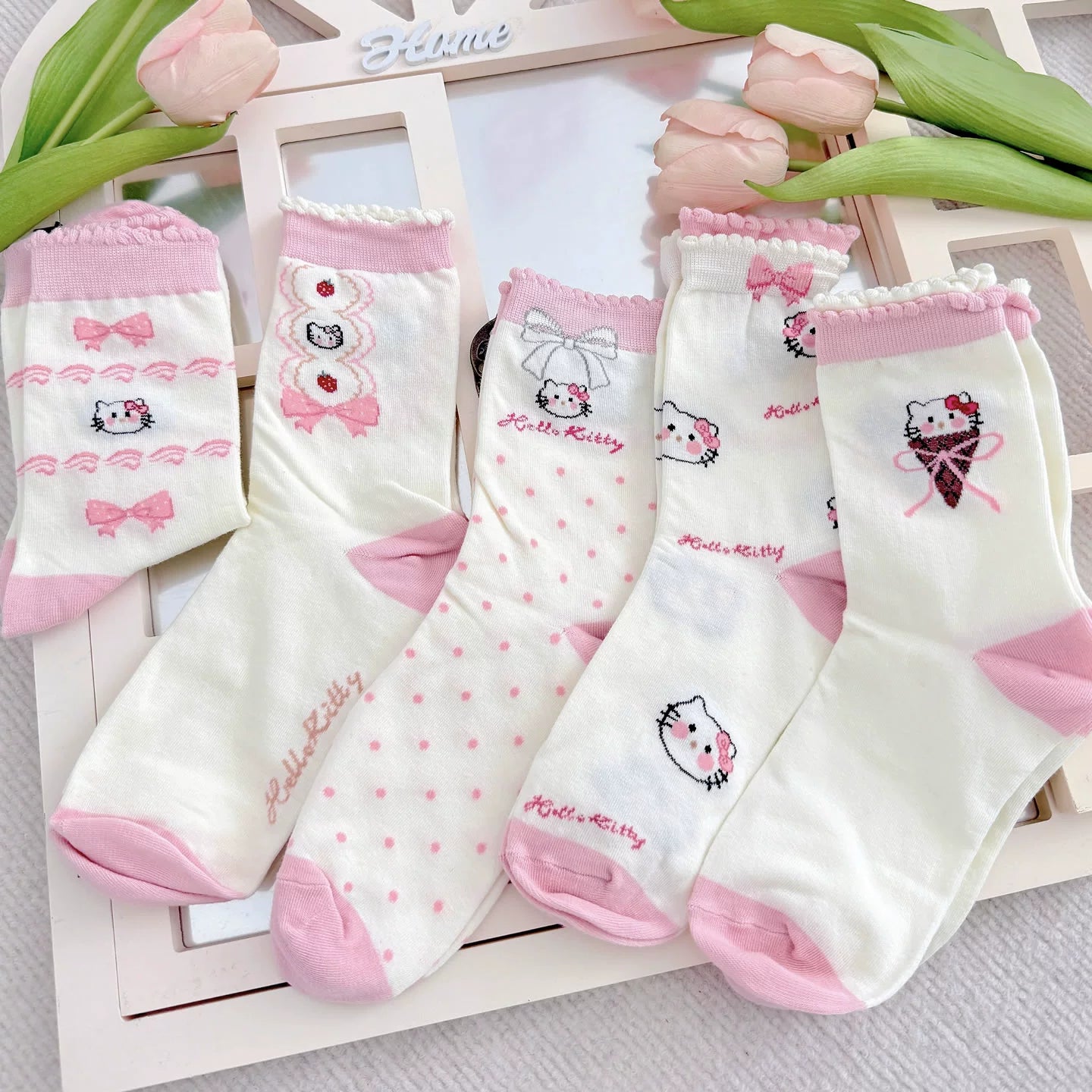 2 Bears - Kawaii Socks Pink Bow Sweet Lolita Print Mid Calf sock 2 bears